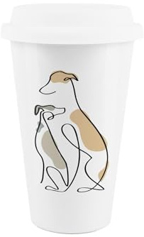 Whippet Ceramic Travel Mug - Line Drawing Artwork Design - Dog Owner Reusable Silicone Lid Double-Walled Insulated Hot/Cold Drinks Tea Coffee Gift Mug