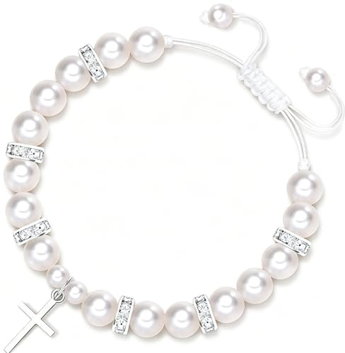 Kreuz Rosenkranz Armband, Kreuz-Armband taufgeschenke, Taufe Rosenkranz Armband für Mädchen, inklusive Perlenarmband mit Kreuz Religiöse Glückwunschkarte, Kommunion Geschenke für Mädchen
