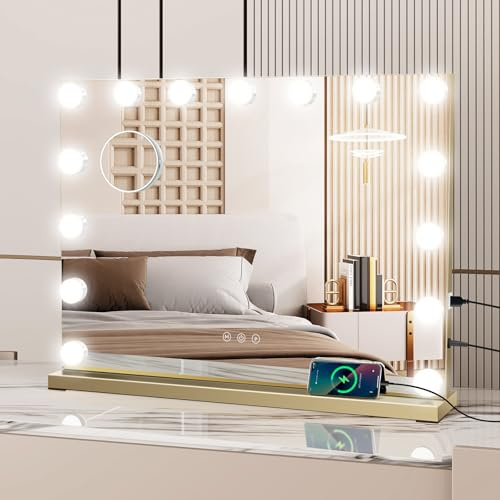 YOURLITE Hollywood Vanity Mirror with Lights, 58x45cm Lighted Makeup Mirror | 15 Dimmable LED Bulbs, 3 Light Modes, Touch Control, Tabletop & Wall Mounted Cosmetic Mirror for Bedroom