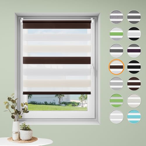 Sanfree Doppelrollo klemmfix ohne Bohren Duo Rollos für Fenster ohne Bohren Weiß-Creme-Braun B110 x H130cm-Stoffbreite 106cm Fensterrollo Klemmrollos für Fenster und Tür Sonnenschutz & Sichtschutz