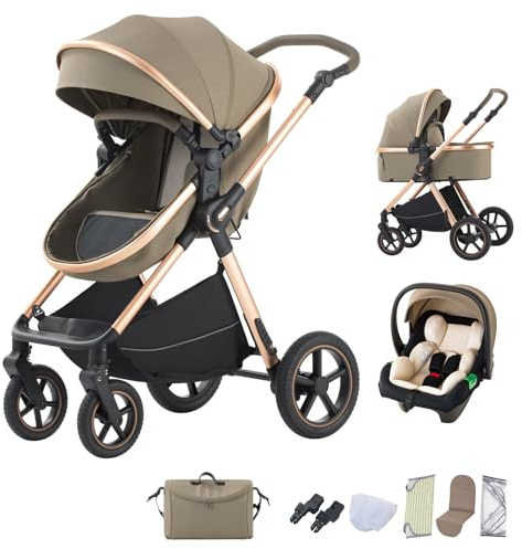 BEBBY Cochecito de bebé 3 en 1,Carrito Bebe 3 en 1 Con Asiento, Cochecitos Portátil Plegable Con, Carricoche Combinado Paisaje Alto Marco de Aluminio Para Recién Nacido (D2-LIGHT BROWN, H2-D)