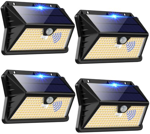 OUILA Luz Solar Exterior, 【4 Paquete】 185 LED/3 Modos Focos Solares Exterior con Sensor de Movimiento, IP65 Impermeable Lamparas Exterior para Jardín, Garaje, Calle, Patio, Caminos(Blanco Cálido)