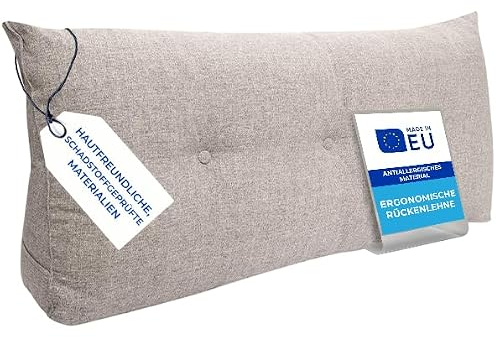 Pillows24 Rückenkissen für Bett & Sofa 140cm, abnehmbarem Bezug | Bequemes Keilkissen und Lesekissen fürs Bett, waschbarem Bezug, Großes Sofakissen für Rückenlehne und Sofa, Grau
