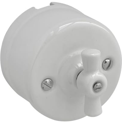 Conmutador de superficie, lazo, porcelana blanca, ideal para instalaciones eléctricas en hogares y oficinas.