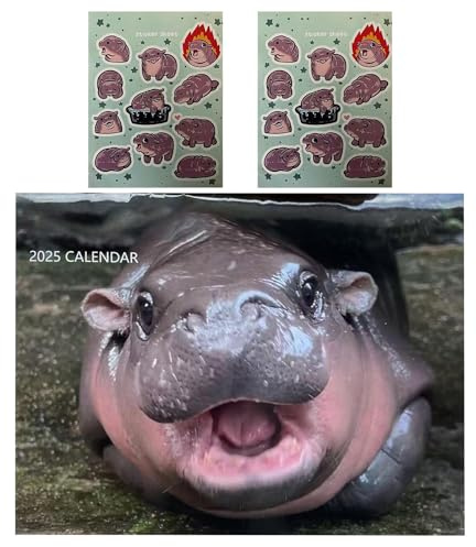 Moo-Deng Wandkalender 2025, 11'' × 11'' Lustiger Zwergflusspferd Kalender, Tierfotos Familien Tagesplaner, Monatlicher Organisationskalender mit 2 Baby Flusspferd Aufklebern, für Moo-Deng Fans