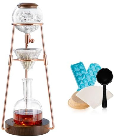 Caffettiera a goccia con ghiaccio da 500 ml, macchina per caffè americano a torre con ghiaccio per uso domestico, con base in legno massello da 32 mm, calore borosilicato elevato, flusso d'acqua regol