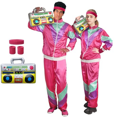 Funnlot Funlot 80er Jahre Outfit Damen Herren - 6pcs KostüM 80er Jahre 80er Trainingsanzug KostüMe für Erwachsene Karneval KostüM Damen Paar Retro Jacke 80er Jahre Outfit Herren Damen Pink L