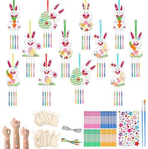SRIZIAN 12 Kit Bricolage Carillon à Vent, Lapin de Pâques en Bois à Peindre avec 2 Feuilles Tatouage Temporaire Suspension en bois de Pâques pour Enfants Décoration de Fête(6 styles)