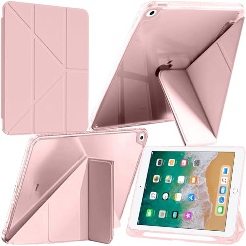 A-BEAUTY Coque pour iPad 6/5ème Génération 9.7 2018/2017 Rose | avec Porte-Stylo, Légère Étui Housse Transparente Antichute, Pochette à Rabat Multi-Vues, Réveil/Sommeil Auto