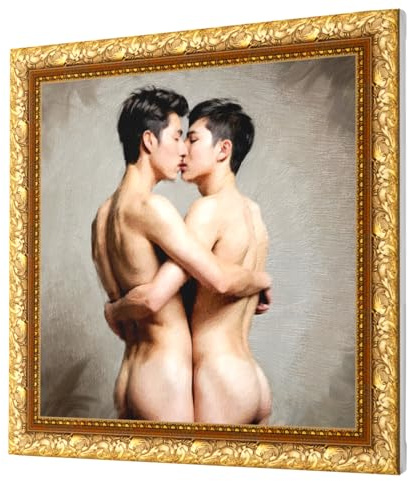 GALERIE SCHÖNE KÜNSTE - TRUE LOVE #1 - Wandbild Akt in Öl: Romantische Männerliebe - Kunstdruck mit Goldrahmen auf Canvas Leinwand, gepannt auf Keilrahmen - Fertig zum Aufhängen