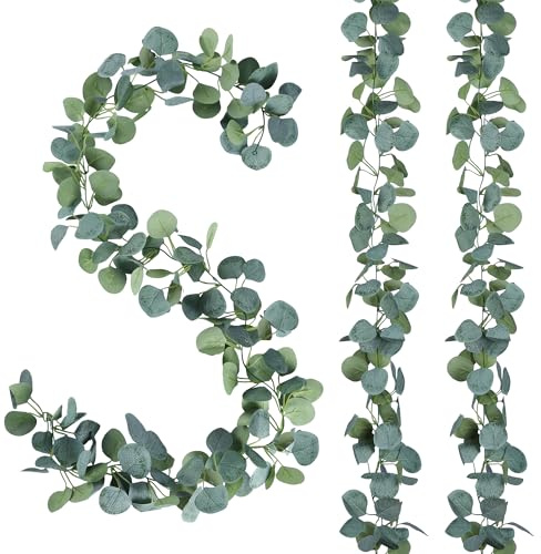 Sggvecsy 4 Pack Artificial Eucalyptus Garland Greenery Leaves Handmade 3D Silk Vines Silver Dollar Leaves Faux Leaf Plants for Wedding Wall Table Party Home Fireplace Bedroom Decor