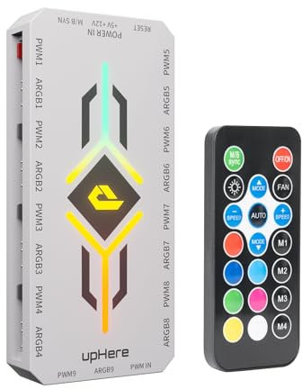 upHere 2 in 1 ARGB Fan Hub with Controller, 9 Ports 4-Pin PWM Fan Connector, 9 x 5V 3-Pin ARGB Ports, Magnetic Base, RGB PC Case Fan Hub with Adjustable Speed, White