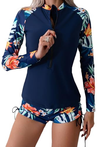 SEAUR Damen Tropical Rash Guard Langarm Badeanzug UPF 50+ Sonnenschutz Reißverschluss 2 Stück Surfen Badeanzug mit Boyshorts