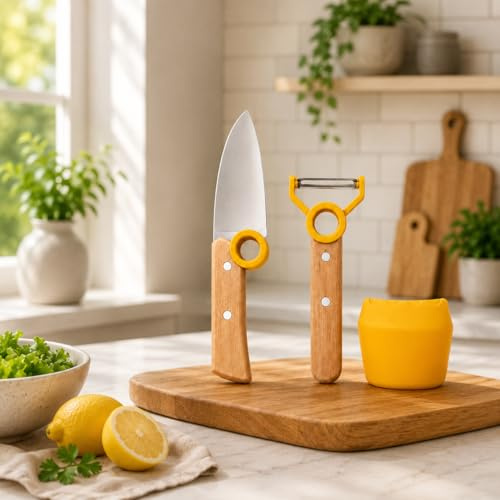 Market Stylez Kinder Kochmesser Set - 3 teilig - Kochmesser - Fingerschutz - Sparschäler - rostfrei Gelb