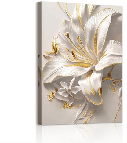 WENGTIAO Weiß Gold Lilien Blumen Leinwand Bilder Kunstdrucke Gerahmtes Bild | Aesthetic Weiß Geblümt Malerei Wandbilder auf Leinwand Wohnzimmer Schlafzimmer Wanddeko 30x40cm