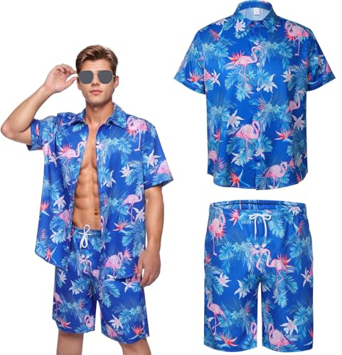 Moerstar Ensemble de Chemise Hawaienne Homme, chemisette a Fleur Manche Courte Homme avec Short, Chemise de Plage Décontractée à Motif Flamant Rose pour des Vacances Tropicales à la Plage