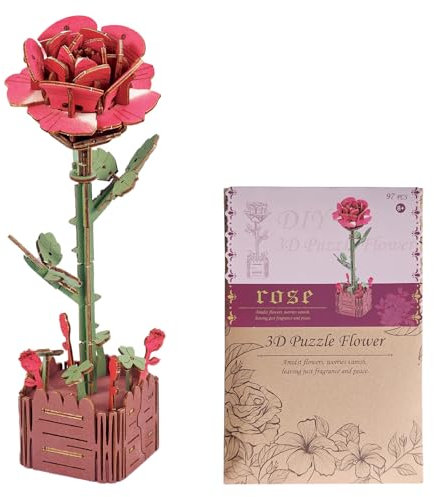 3D Puzzle en Bois Bouquet de Fleurs, Kits de Modèles Artisanaux en Fleurs Puzzle Artisanat Maquette Construction Adulte Cadeau Romantique pour Fête des Mères Noël Saint Valentin (Rose Rouge)