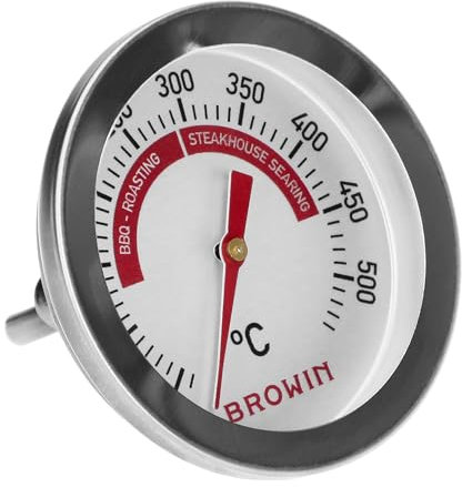BROWIN® Grill- und BBQ-Thermometer 101240 | Edelstahl | Garraumtemperaturmessung | Analog | Für Grills, Smoker, Räucherofen | Messgerät Backzubehör | 50-500°C | 5,3 cm Zifferblatt