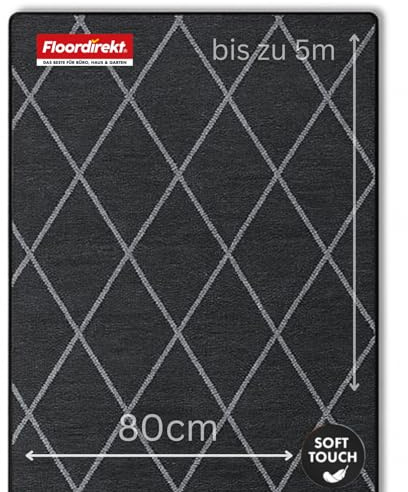 Floordirekt teppichläufer rutschfest - maßgefertigter Feinschlingen Teppich Läufer für Küche, Flur & Wohnraum - Ornament Vintage Orient Gitter (80 x 150 cm, Cosenza Schwarz)