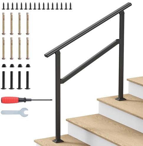 Hand Rails for Outdoor Steps, 2-5 Steps Wrought Iron Handrails for Outdoor Steps, Stair Railing for Porch, Home, Garden, Indoor, Staircase Handrails for Wooden, Cement, Brick, Marble (3 Steps)