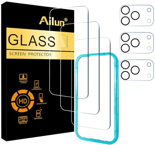 Ailun 3 Pack Screen Protector for iPhone 17 Pro [6.3 inch] + 3 Pack Camera Lens Protector with Installation Frame,Sensor Protection,Dynamic Island Compatible,Case Friendly Tempered Glass Film