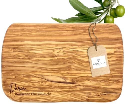 HOFMEISTER® Planche à découper personnalisée pour anniversaire, anniversaire et mariage - Avec texte au choix - Collègues, amis et famille - Cadeau en bois d'olivier - 30 cm