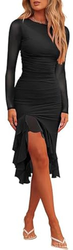 Hanaoops Vestito Donna Sexy Manica Lunga Scollo Rotondo Vestiti da Cerimonia Abito con Spacco Orlo a Volant Sottile Abiti per Sera Festa Cocktail