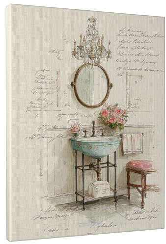 Stampa artistica da parete su tela da bagno vintage con fiori di pesco verde morbido, elegante decorazione da parete per soggiorno, camera da letto, bagno, stanza della polvere, tela avvolta 30,5 x