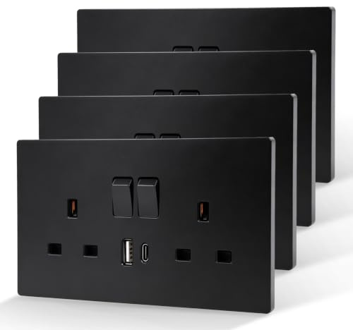 CNBINGO 4-Pack Double Switched Socket with USB C/A Fast Charge, Black Matt | TypC and USB-A output 20W Fast Charging, 2 Gang 13 Amp Wall Outlet, Electric Socket, Switch Control Power, Matt Panel