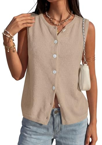 PRETTYGARDEN Sweater Vest Women 2026 Summer Sleeveless Cardigans Trendy Knit Vest Top Button Down Spring Sweater Tops (Khaki,Large)