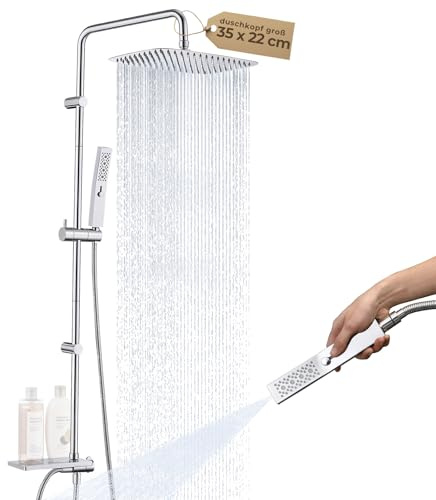 Hardivalue Ganzmetall-Duschsystem mit 35 cm Regendusche | 2-Strahl-Handbrause mit Power-Strahl, an vorhandene Bohrlöcher anpassbar, korrosionsbeständig, ohne Armatur, Chrom
