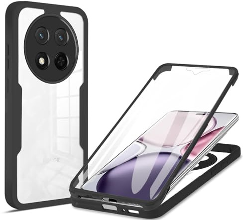 ILING Transparente Funda para Honor Magic 7 Lite 5G (Magic7 Lite), Moda Ultradelgado Antigolpes Carcasa con Protector de Pantalla Incorporado, Dura PC + Silicona TPU Bumper Cubierta (Negro)