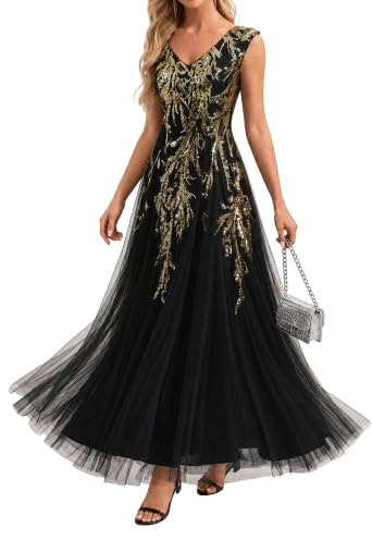 Ever-Pretty Ballkleider Damen Lang Pailletten Ärmelloses Abendkleid mit V-Ausschnitt für Kleid Silvester EE02559