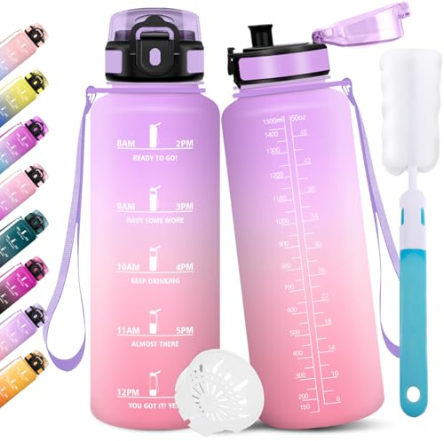Motswedi Trinkflasche 1.5 Liter, Sport Wasserflasche, mit Bürste, Auslaufsicher, Trinkflasche Kohlensäure Geeignet, Flasche Sport, Wasserflasche Für Fitness, Camping, Wandern, Hellviolett & Hellrosa