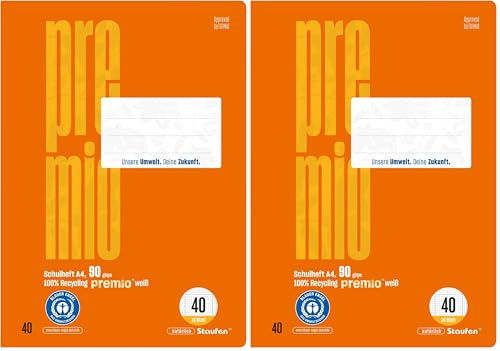 Staufen premio Schulheft - 4 Hefte je 16 Blatt, DIN A4, Lineatur 40 (5mm kariert mit Umrandung), 90 g/m² Recyclingpapier, runde Ecken verhindern „Eselsohren“ (Packung mit 2)