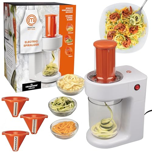 MasterChef Electric Spiralizer- 3-in-1 Vegetable Noodle Pasta Maker W 3 Different Zoodle Slicing Styles and XL Hopper- Free Recipe Guide