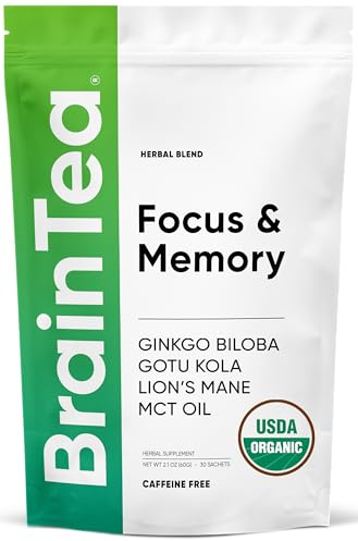 Brain Tea Focus & Memory - Brain Tea Organic Certified 4-in-1 Nootropic Herbal Supplement with Ginkgo Biloba, Gotu Kola, Lion’s Mane Mushroom, MCT Caffeine-Free for Mental Clarity (30 Sachets)