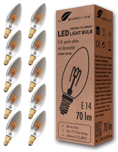 greenandco 10x Vintage Glühfaden LED Kerze | silbergrau | E14 C35 | 2W 70lm | 1800K extra warmweiß | 360° | 230V | flimmerfrei | nicht dimmbar