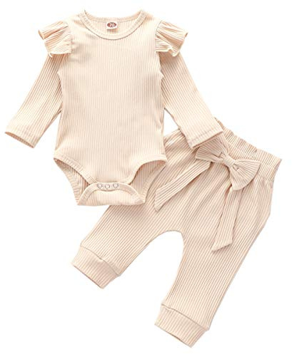Geagodelia Babykleidung Set Baby Mädchen Kleidung Outfit Langarm Body Top + Hose Neugeborene Weiche Einfarbige Babyset T-45461 (Beige, 6-12 Monate)