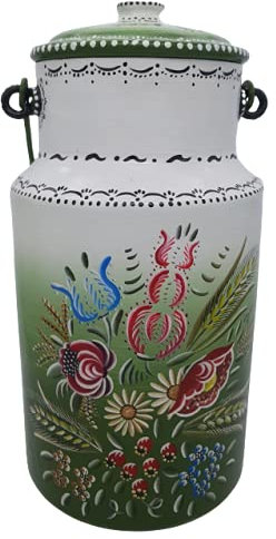 Grand pot à lait ancien, vert, motif floral  Alsace 
