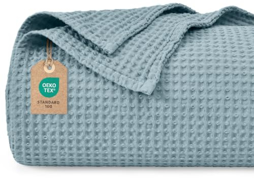 PHF 100% Baumwolle waffledecke Kuschedecke 130x150cm, leicht & atmungsaktiv, perfekt für das ganze Jahr - Oeko-TEX® Zertifiziert - Hotelwäschequalität - Ideal für Sofa Couch Bett, Staubiges Blau