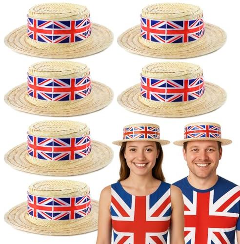 Union Jack Boater Hats - Straw Boater Hats with Union Jack Flag Band - King's Coronation, VE Day, Jubilee Events, Street Party Fancy Dress Accessory