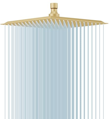 BESy 10 Inch Rain Shower Head, 10 Square Rainfall & High Pressure Stainless Steel Bath Showerhead, 1/16 Ultra Thin, Waterfall Full Body Coverage with Silicone Nozzle, Brushed Gold