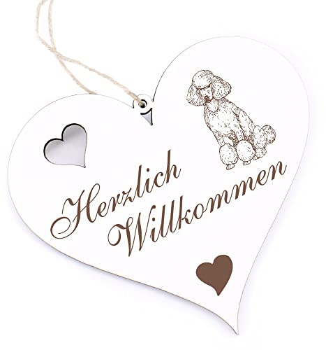 Herzlich Willkommen Schild - sitzender Pudel - Deko Herz Holz Willkommensschild Türschild Dekoschild Türdeko