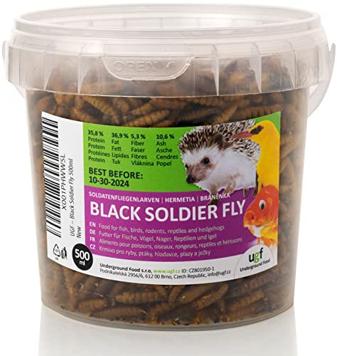 UGF - Soldatenfliegenlarven getrocknet 500 Ml Eimer ≈ 75g, Hermetia wie Mehlwürmer, Vogelfutter Wildvögel Ganzjährig, Igelfutter, Eichhörnchen Futter, Wachtelfutter, Hamster Futter, Fischfutter