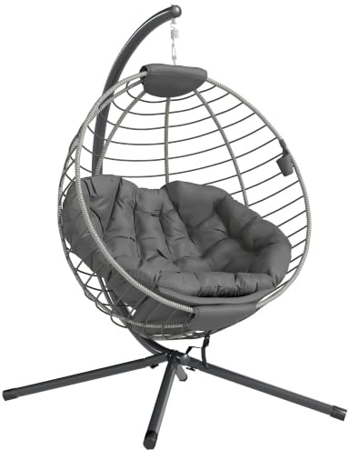 Outsunny PE Rattan Swing Chair, Outdoor Hanging Chair with Metal Stand, Thick Padded Cushion, Foldable Basket and Cup Holder, for Indoor and Outdoor, Grey | Thick Padded Cushion, Foldable Basket, Cup Holder, Hanging Design, Indoor Outdoor