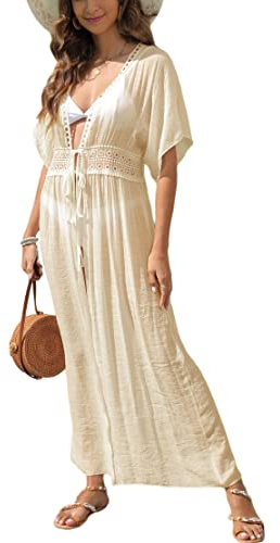 MIXIDON Strandklänning, dam, sommar, gömmer sig, bikinitröjor, transparent tunika, sarong, strandkläder, bohemisk, sexig, elegant baddräkt, Beige färg, XL