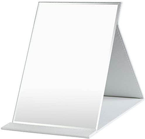 OSDUE Folding Tabletop Mirror, 26 * 18cm White PU Leather Portable Travel and Desktop Vanity Mirror with Stand for Office Desk, Vanity Table, Camping