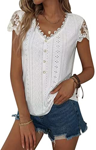 Minetom Chemise Femme Dentelle Tee Shirt Été Manches Courtes Col V Blouse Élégant T Shirt Casual Chemisier Haut Tops C Blanc L