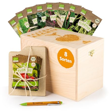 FLORTUS Saatgut Archiv mittelalterliches Gemüse | Samen Set Geschenkbox Holzkiste (8 Sorten) | Geschenkset Aufbewahrungsbox | BIO Gemüsesamen